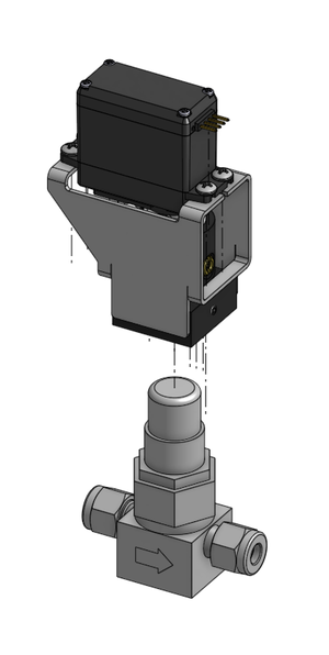 A servo serial screwed and mounted on top of an actuator frame 6pv above an 4BSV stem tip with lines motioning the 4BSV stem tip to be inserted into the bottom of the actuator.
