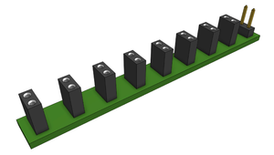 A 3D model of a circuit card which has a set of male pins and eight female housings which is a card that transfers power from one input to eight outputs.