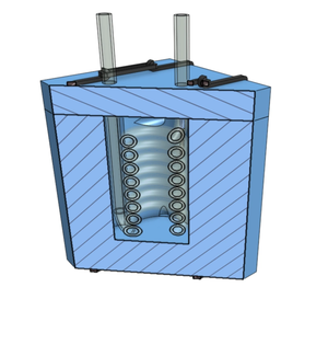 3D model of a coil trap if it were to be cut in half. You would see the box materials that house the coils on the inside of the coil trap.