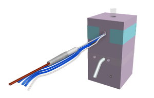 A rectangular box VTC attaches to a vacuum line coldfinger. It contains a small reservoir for LN, a resistance-wire heater, and a thermal conduit. The conduit transfers energy between the heater and the LN at a controlled rate so the bottom tip of the coldfinger can be maintained at a precise temperature by using feedback from a thermocouple. Additional thermocouples attached monitor the LN level, the element wire temperature, and a secondary temperature at the top of coldfinger.